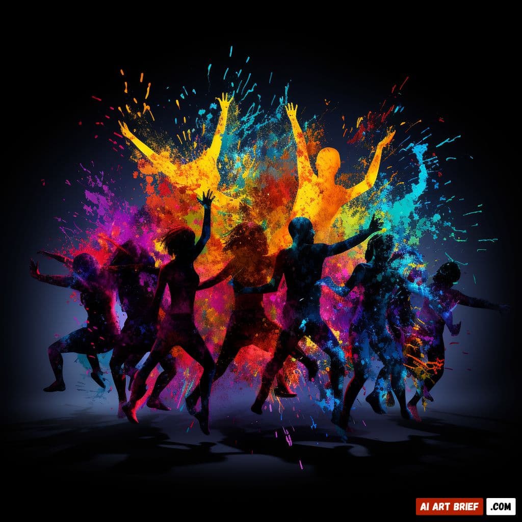 Dancers bursting through colorful paint splashes