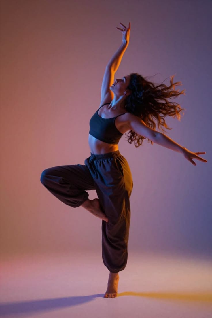Dancer mid-movement under warm studio light
